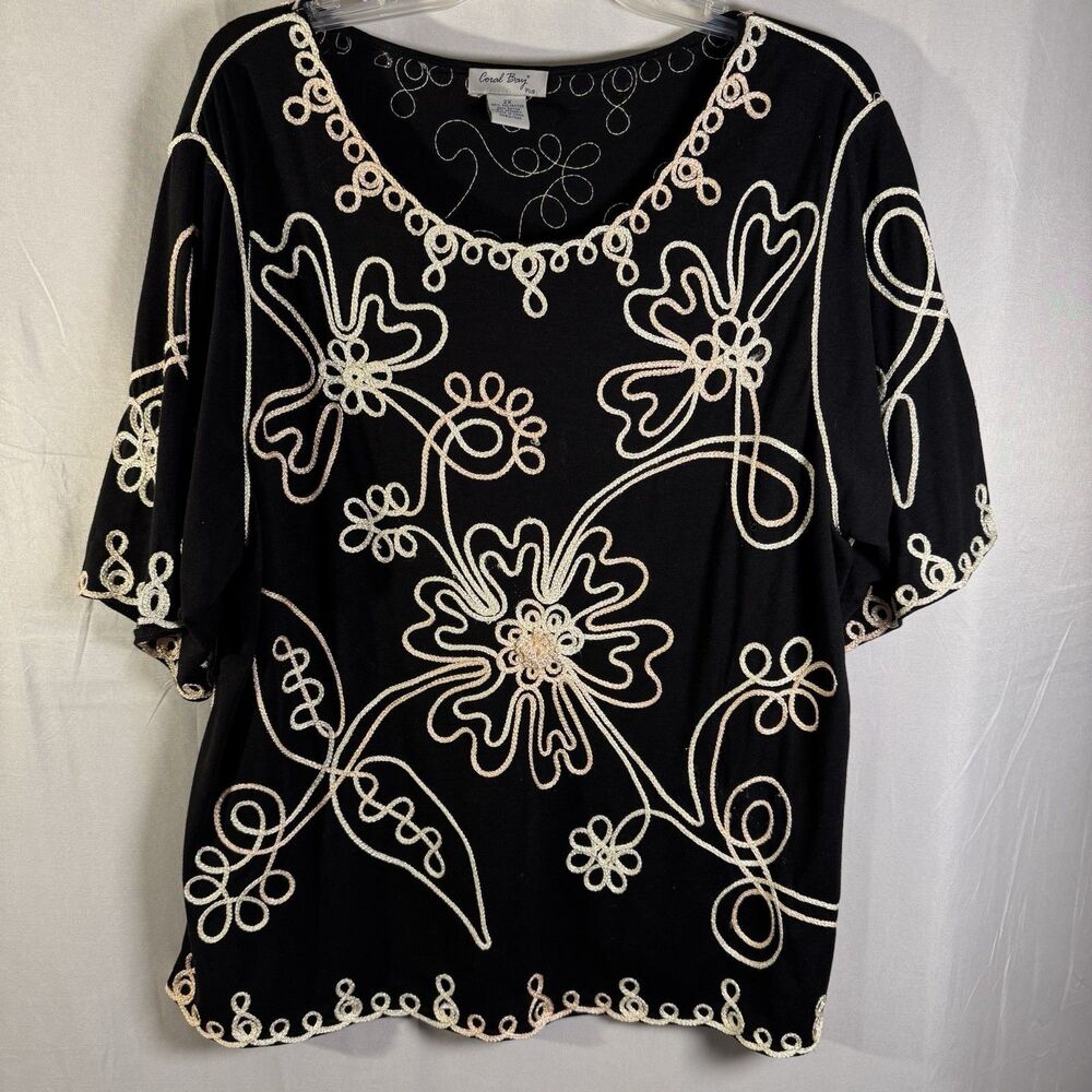 Coral Bay Womens Black Embroidered Boho Floral Top Plus Size 2X Blouse Dressy